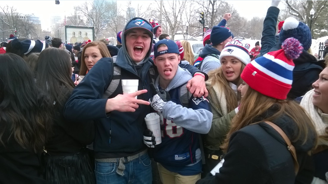 Fans celebrate the Patriots' championship season near Tremont Street in Boston.