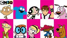 Characters from the 2000s era of Cartoon Network shows displayed on a pink and white checkered backdrop. Characters include: (top left to right) Flapjack, Bloo, Buttercup, Ben 10, Courage, (bottom left to right) Ed, Dexter, Mandy, Number 5, and Scooby Doo.