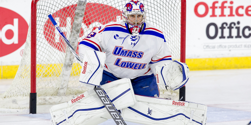 Despite Kevin Boyle's 30-save effort, the River Hawks skated to a tie with the Northeastern Huskies Friday night at the Tsongas Center. (Photo courtesy of UMass Lowell Athletics)